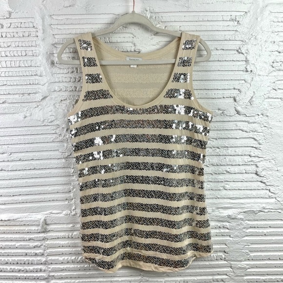 Garnet Hill Dressy Tank Top Cream W/ Silver Sequin Stripes Cotton Modal Blend S - Picture 1 of 14